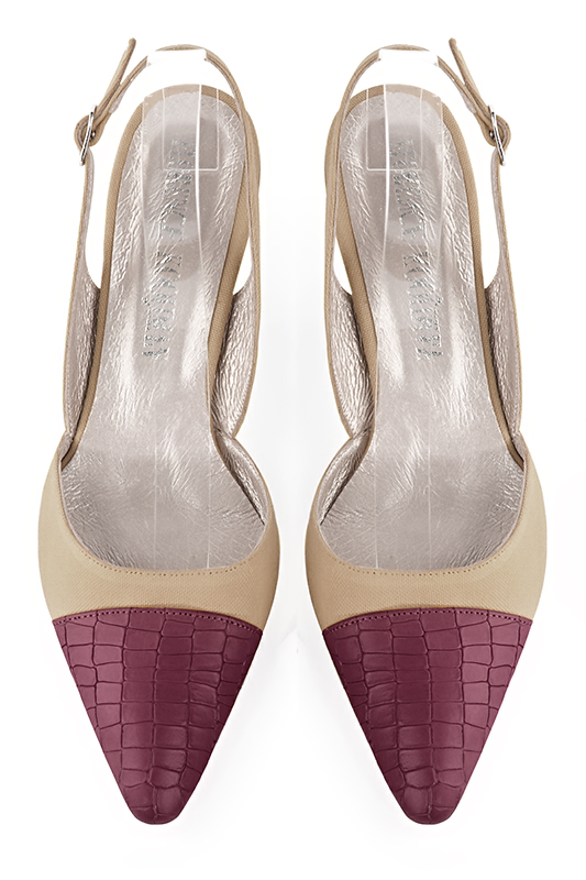 Burgundy red and tan beige women's slingback shoes. Tapered toe. Medium spool heels. Top view - Florence KOOIJMAN